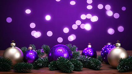 Obraz premium purple christmas decorations on a wooden table