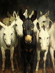A striking gathering of donkeys, showcasing the contrast between one black donkey and several white ones.