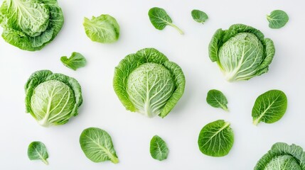 Fresh Green Cabbage and Leafy Greens Arranged Beautifully on a White Background, Perfect for Organic Food and Healthy Lifestyle Themes