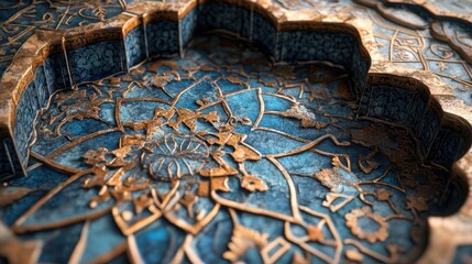 Intricate Blue and Gold Islamic Art: A Close-Up of Ornate  Geometric and Floral Patterns in Deep Teal and Gilded Bronze