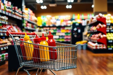 Brightly Colored Condiment Bottles in a Shopping Cart in a Grocery Store Aisle