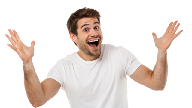 Young smiling man showing big size gesture with hands, emphasizing great amount of something