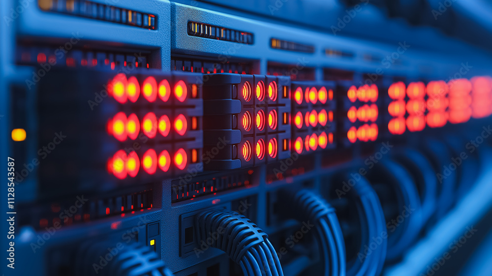 Poster a row of computer servers with red lights on. the servers are connected to each other and are likely