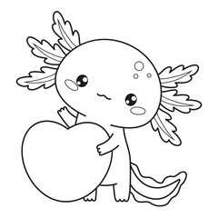 Outline Romantic Axolotl with heart. Little festive cartoon kawaii character. Line drawing, coloring book. Vector illustration. Kids collection. Holiday cool valentine animal