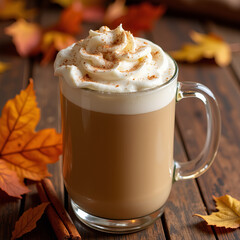 Mug of hot coffee topped with whipped cream and cinnamon, surrounded by autumn leaves