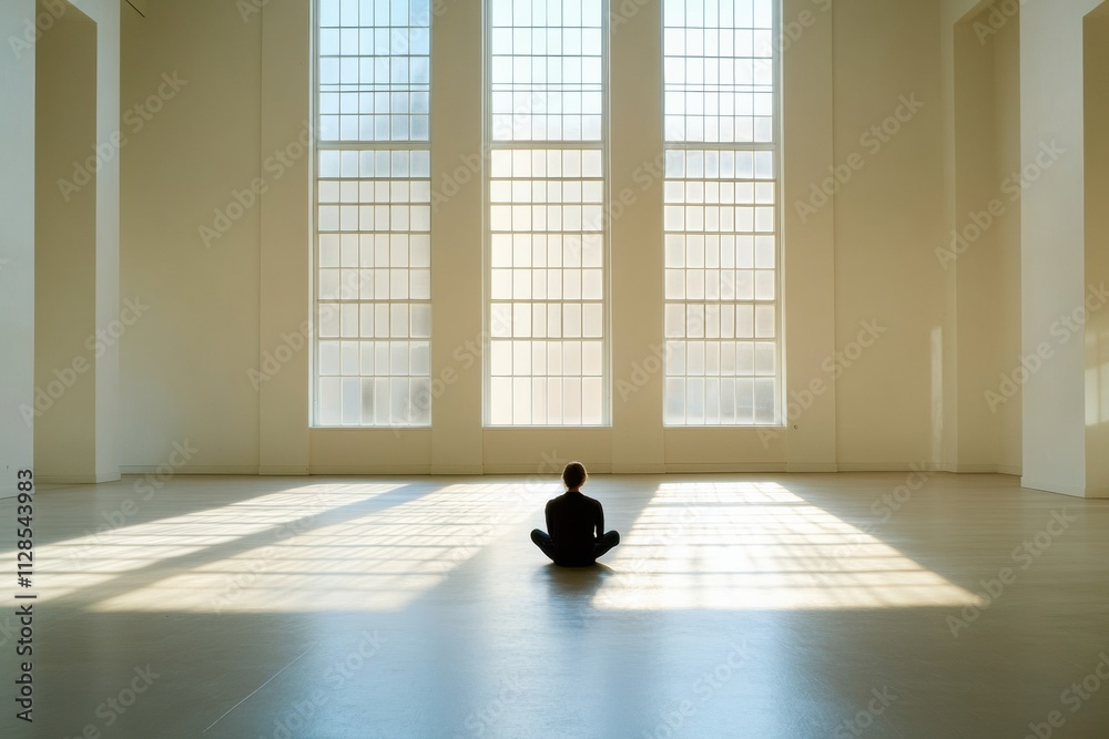 Aufkleber a person sits in silence on the floor of a spacious gallery, surrounded by sunlit windows, creating 