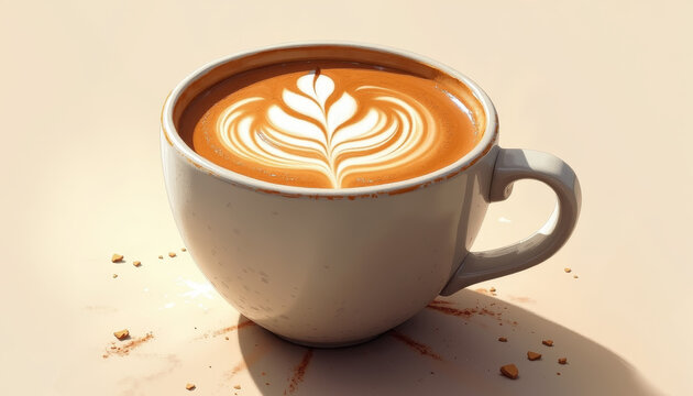 Mug of hot coffee with a beautiful leaf design on the foam surrounded by cocoa powder 