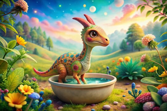 Adorable Baby Parasaurolophus Joyfully Holding a Colorfully Decorated Basin in a Whimsical Fashion Photography Setting