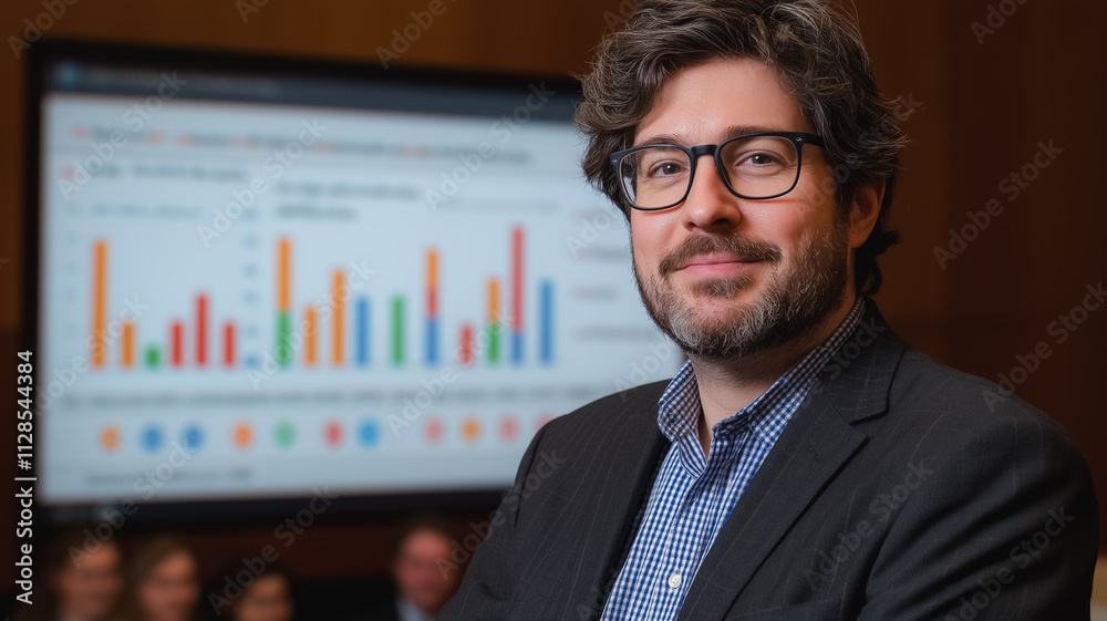 Poster a man in a suit stands in front of a large screen with a graph on it. he is smiling and he is confid