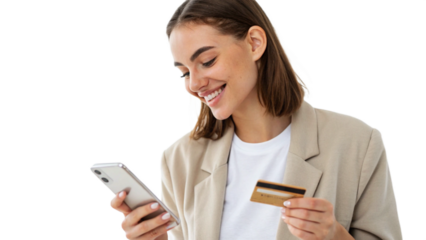 Happy office manager shopping online, browsing web stores, buying annual mobile app membership spending her salary holding orange credit card in hand