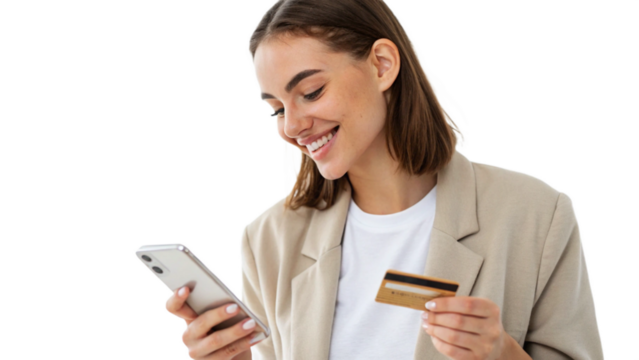 Happy office manager shopping online, browsing web stores, buying annual mobile app membership spending her salary holding orange credit card in hand