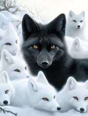 Naklejka premium A striking black fox surrounded by a group of arctic foxes in a snowy landscape, showcasing unique wildlife dynamics.