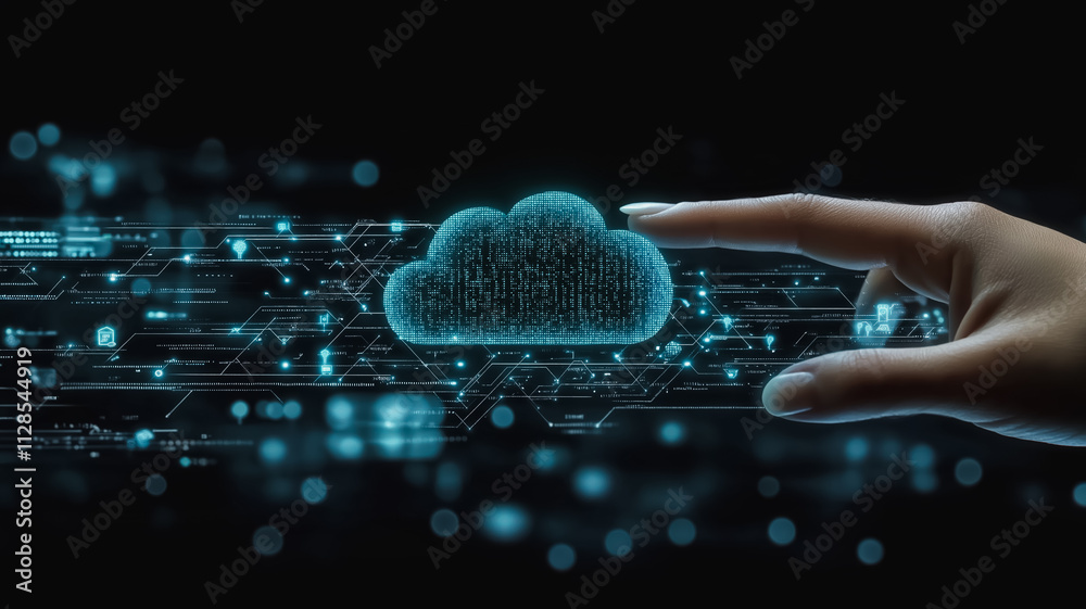 Poster a hand is pointing at a cloud of data. concept of technology and the vast amount of information that