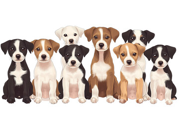 Cute Jack Russell terrier puppies group sitting together and looking front. Transparent background.