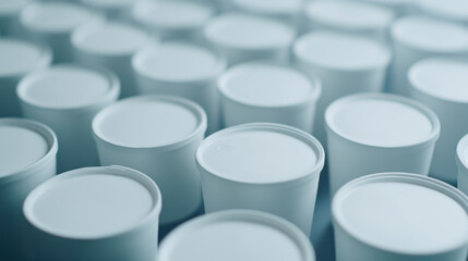 White plastic cups arranged in neat pattern, showcasing their smooth surfaces and uniformity. image conveys sense of order and simplicity