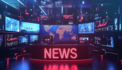  3D rendering of a news studio with a large LED screen 