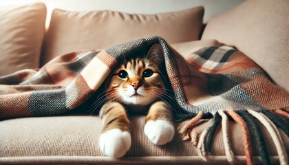 cat wearing a blanket on the sofa