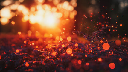 Obraz premium A blurry photo of a field with a sun in the background. The sun is setting and the photo is filled with bright, glowing orbs. Scene is serene and peaceful, as the sun sets