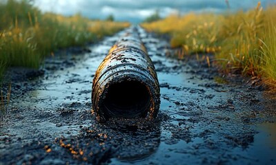 A rusty pipe lies in a wet landscape, surrounded by grass and reflecting the sky. - Powered by Adobe
