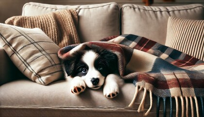 puppy wearing a blanket on the sofa