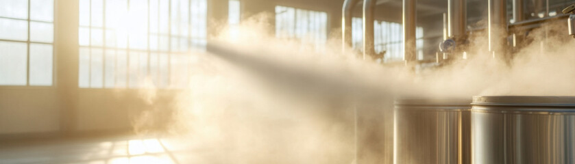 Steam and mist rise in sterile yogurt factory, illuminated by sunlight streaming through large windows, creating serene and industrial atmosphere