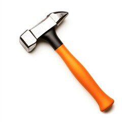 A close-up image of a hammer with a sleek metal head and an ergonomic orange handle, ideal for construction or DIY projects, Suitable for tool catalogs, instructional material, or design work,