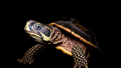 Obraz premium Close-up Portrait of a Colorful Turtle on Black Background