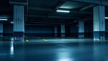 Dimly Lit Abandoned Parking Garage with Concrete Pillars
