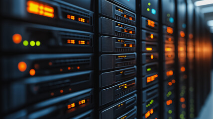 A row of computer servers with lights on them. The servers are black and the lights are orange