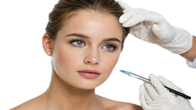 Young woman ready for beauty procedures from cosmetologists whose hands in gloves hold skin marker and injection syringe