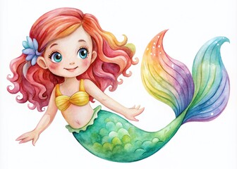 Adorable Cartoon Mermaid Character Watercolor Illustration of a Cute Girl, Perfect for Children's Books, Decor, and Creative Projects on White Background