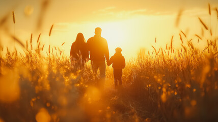A family of three is walking through a field of tall grass. The sun is shining brightly, casting a warm glow over the scene. The family appears to be enjoying their time together