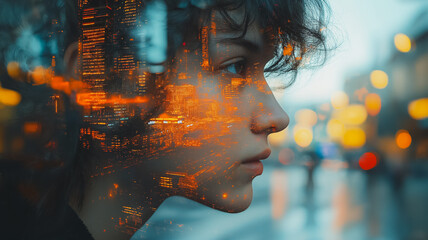 A woman's face is reflected in a window, with the city lights in the background