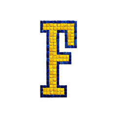 A mosaic letter F made up of small square tiles in yellow and blue colors.