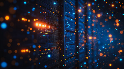 A computer server room with a blue background and orange lights. The lights are on and the room is filled with a bright, energetic atmosphere