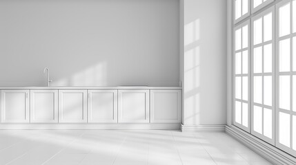 Bright White Home Kitchen Interior Featuring a Functional Cooking Cabinet, Large Windows for Natural Light, Modern Appliances, and Elegant Design for a Cozy Culinary Experience