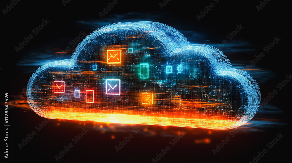 Poster a computer generated image of a cloud with many icons on it. the icons include emails, text messages