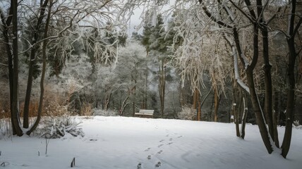 Fototapeta premium Serene Winter Landscape with Snow-Covered Trees and a Bench. A tranquil winter scene featuring trees blanketed in snow, a lone bench, and soft footprints in the white snow under a cloudy sky...