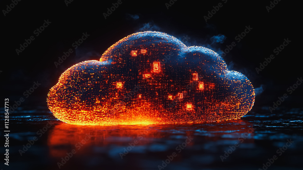 Poster a glowing cloud of data with many small dots on it. the cloud is orange and blue. concept of a large