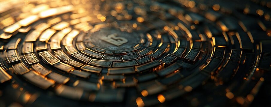 Layered coins emblem represents banking security in urban artistry