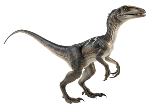 Velociraptor is carnivorous dromaeosaurid dinosaur of the late Cretaceous period isolated on white background.