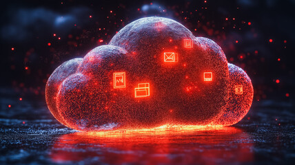 A red cloud with many icons on it. The cloud is surrounded by a dark background. The icons on the cloud include a computer, a keyboard, a mouse, and a monitor