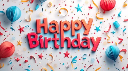A bold kirigami design of "Happy Birthday" with letters formed from dynamic balloon shapes in vibrant tones, surrounded by cascading paper ribbons and stars, glowing light creating a festive ambiance,
