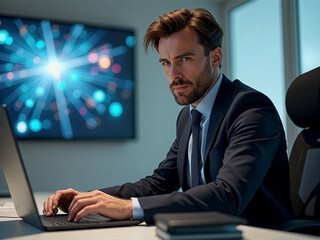 Man in a suit is sitting at a desk with a laptop in front of him