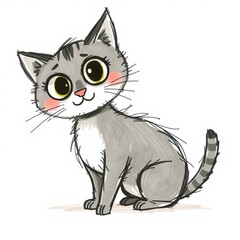 Obraz premium Charming cartoon cat sitting playfully on white background with copy space 