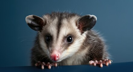 Curious young possum on blue background showcasing whiskers and soft fur details