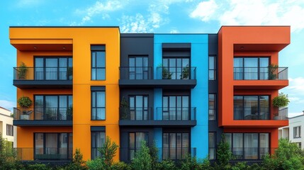 Naklejka premium the facade of a contemporary urban apartment building in krasnaya polyana sochi krasnodar krai russia features a row of windows and multiple balconie