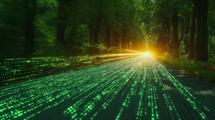 A green forest with a road in the middle. The road is illuminated with a bright light, creating a sense of movement and energy. The scene is dynamic and full of life, with the green trees