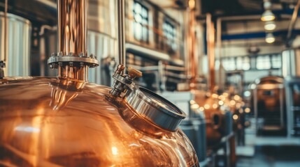 Copper distillery equipment in industrial setting.
