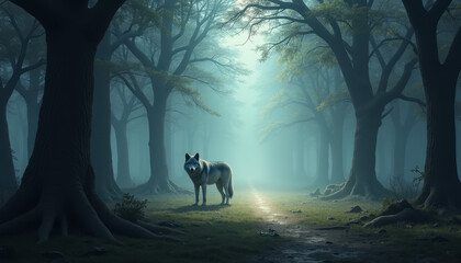 Wolf standing in misty forest illuminated by soft morning light